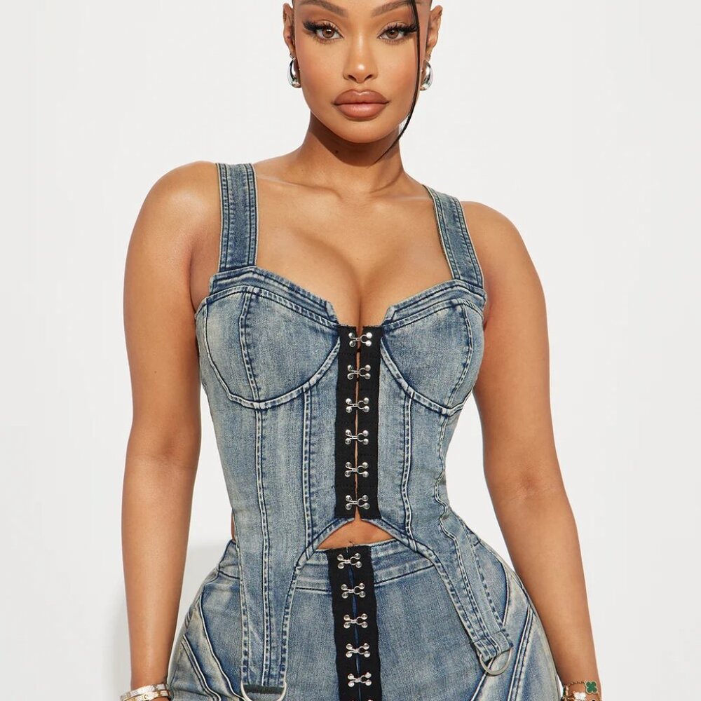 Matching denim corset top and jeans set in a light wash